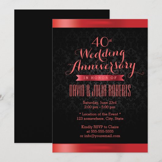 Ruby Wedding Jubileum Elegant Black Damask Kaart (Voorkant / Achterkant)