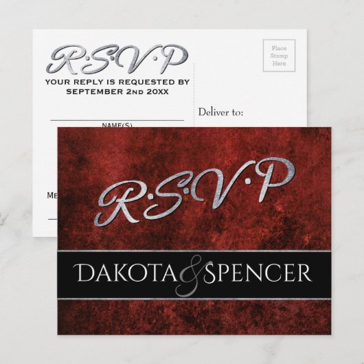 Ruby Wedding | RSVP Crimson Granaat Rood en Zwart  Uitnodiging Briefkaart (Voorkant / Achterkant)