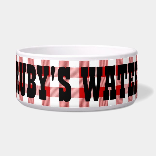 Ruby's Diner Dog's naam Rood & Witte cheques Bowl Voerbakje (Voorkant)