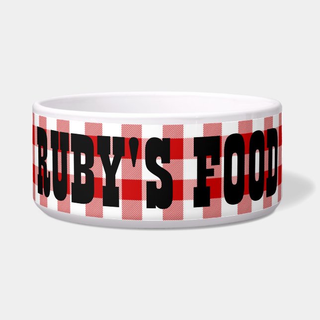 Ruby's Diner Dog's naam Rood & Witte cheques Bowl Voerbakje (Voorkant)