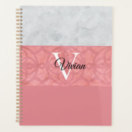 Ruddy Pink Batik and Grey Waterverf Monogrammen n Planner
