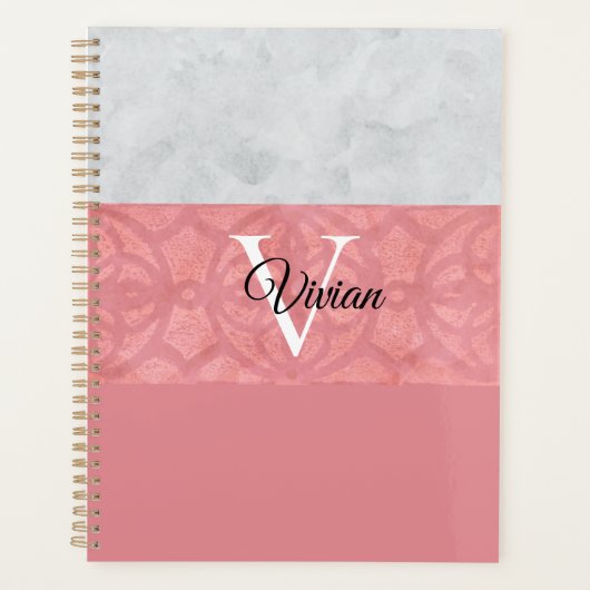 Ruddy Pink Batik and Grey Waterverf Monogrammen n Planner (Voorkant)