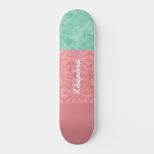 Ruddy Pink Batik en Green Waterverf Skateboard (Voorkant)