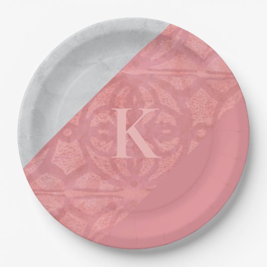 Ruddy Pink Batik en Grey Waterverf Letter Papieren Bordje (Voorkant)