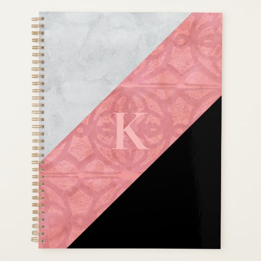 Ruddy Pink Batik en Grey Waterverf Letter Planner (Voorkant)