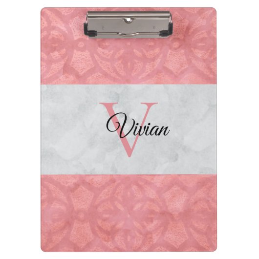 Ruddy Pink Batik en Grijze Waterverf monogrammen Klembord (Voorkant)