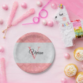 Ruddy Pink Batik en Grijze Waterverf monogrammen Papieren Bordje (Feest)