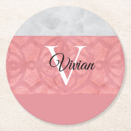 Ruddy Pink Batik en Grijze Waterverf monogrammen Ronde Kartonnen Onderzetter