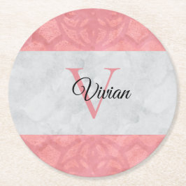 Ruddy Pink Batik en Grijze Waterverf monogrammen Ronde Kartonnen Onderzetter