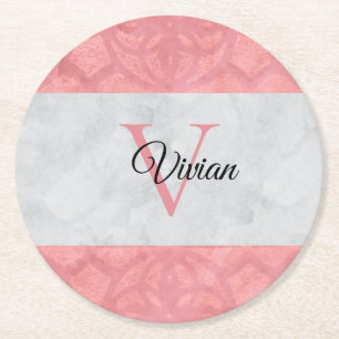 Ruddy Pink Batik en Grijze Waterverf monogrammen Ronde Kartonnen Onderzetter