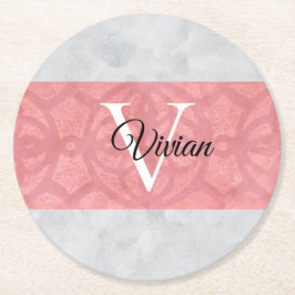 Ruddy Pink Batik en Grijze Waterverf monogrammen Ronde Kartonnen Onderzetter