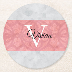 Ruddy Pink Batik en Grijze Waterverf monogrammen Ronde Kartonnen Onderzetter