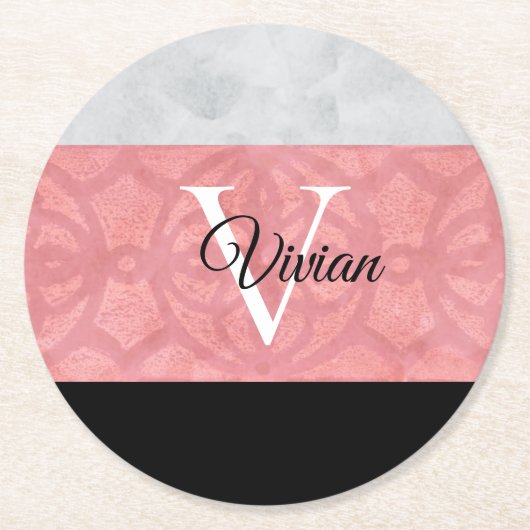 Ruddy Pink Batik en Grijze Waterverf monogrammen Ronde Kartonnen Onderzetter (Voorkant)