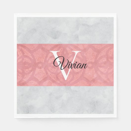 Ruddy Pink Batik en Grijze Waterverf monogrammen Servet (Voorkant)
