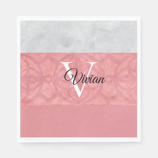 Ruddy Pink Batik en Grijze Waterverf monogrammen Servet (Voorkant)