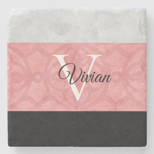 Ruddy Pink Batik en Grijze Waterverf monogrammen Stenen Onderzetter (Voorkant)