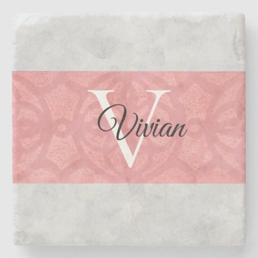 Ruddy Pink Batik en Grijze Waterverf monogrammen Stenen Onderzetter (Voorkant)