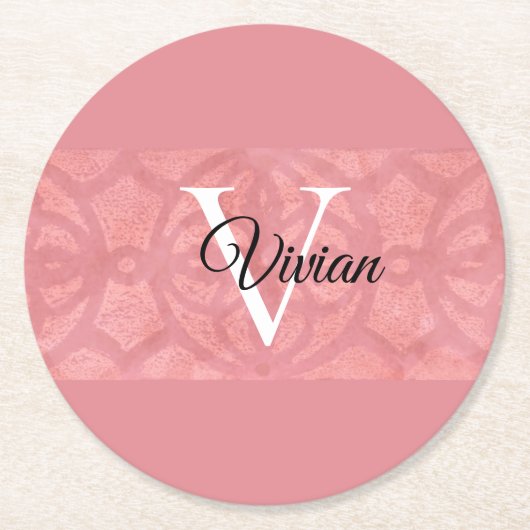 Ruddy Pink Batik Name Monogramed Ronde Kartonnen Onderzetter (Voorkant)