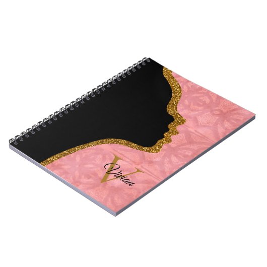 Ruddy roze en Gold Glitter Face Monogram Naam Notitieboek (Linkerzijde)