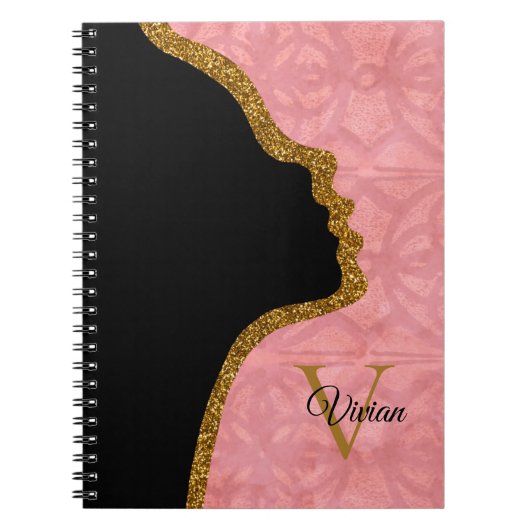 Ruddy roze en Gold Glitter Face Monogram Naam Notitieboek (Voorkant)