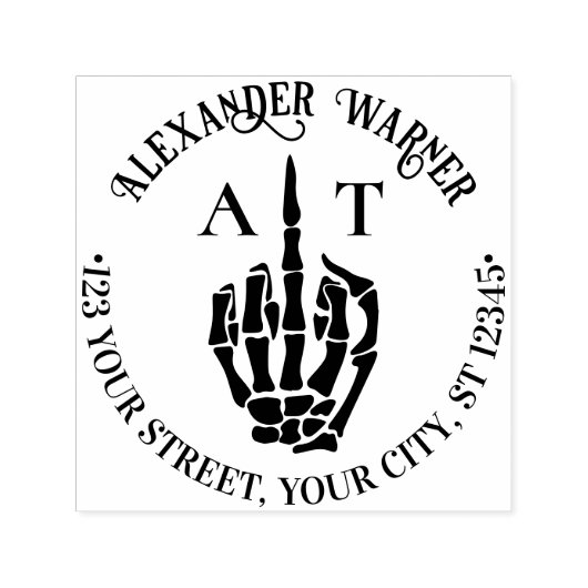 Rude Skeleton Hand Middle Finger Naam Init Adres Zelfinktende Stempel (Design)