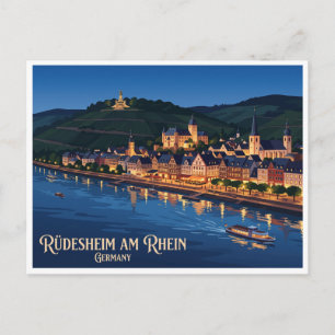 Rüdesheim am Rhein Waterfront 's Nachts Duitsland Briefkaart
