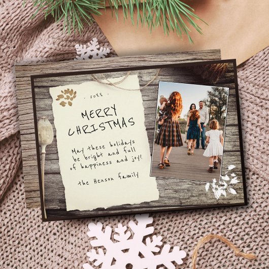 Rudimentair Hout Oud Papier Script Kerst Foto Feestdagenkaart