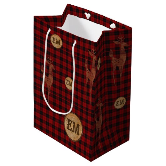 Rudimentaire Buffalo Plaid Herten Monogram ROOD Ge Medium Cadeauzakje (Voorkant Gekanteld)