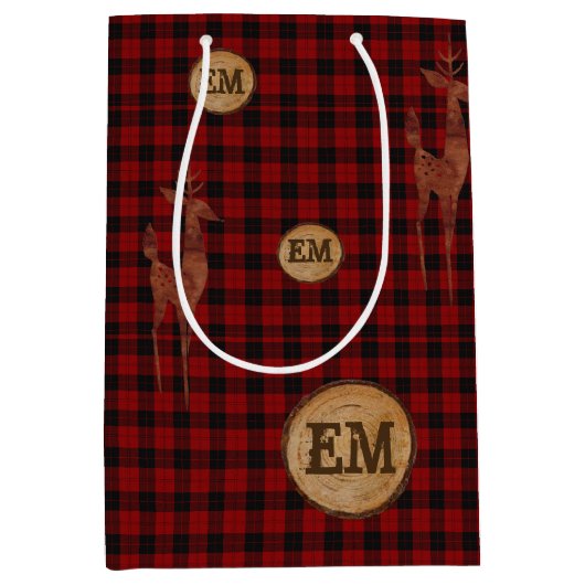 Rudimentaire Buffalo Plaid Herten Monogram ROOD Ge Medium Cadeauzakje (Voorkant)