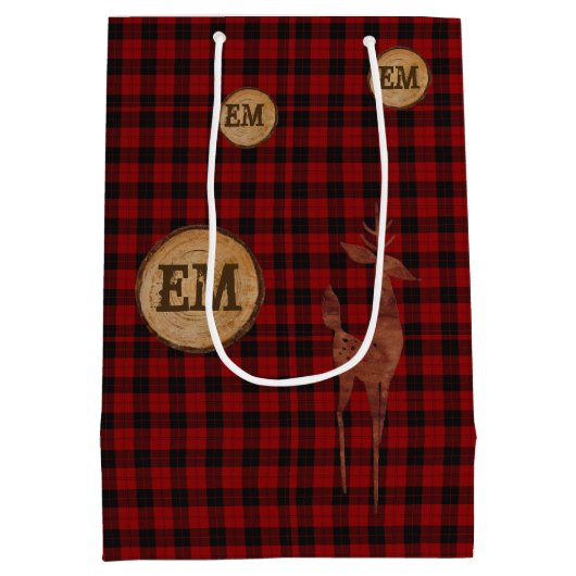 Rudimentaire Buffalo Plaid Herten Monogram ROOD Ge Medium Cadeauzakje (Achterkant)