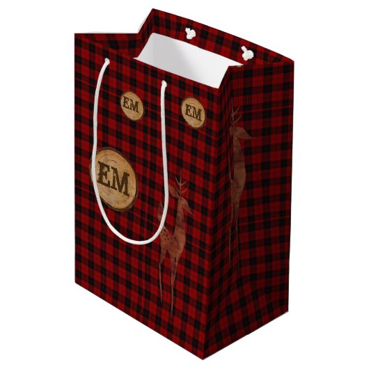 Rudimentaire Buffalo Plaid Herten Monogram ROOD Ge Medium Cadeauzakje (Achterkant Gekanteld)