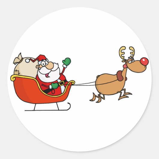Rudolph Flying Kris Kringle in zijn slee Ronde Sticker (Voorkant)
