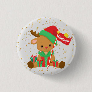 Rudolph het rendier met cadeaus en gouden sterren ronde button 3,2 cm