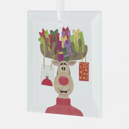 Rudolph kerstcadeaus rendieren glas ornament (Voorkant links)