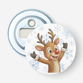 Rudolph Met Blauwe Sneeuwvlokken Button Flesopener