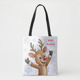 Rudolph met Blauwe Sneeuwvlokken Omkeerbaar Tote Bag