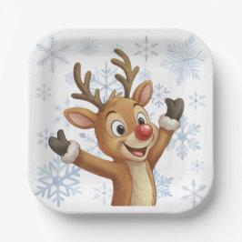 Rudolph Met Blauwe Sneeuwvlokken Papieren Bordje