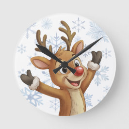 Rudolph met blauwe sneeuwvlokken ronde klok