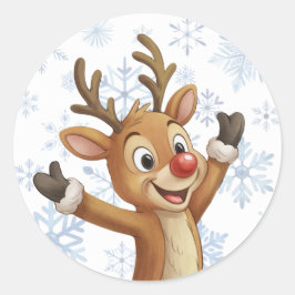 Rudolph Met Blauwe Sneeuwvlokken Ronde Sticker