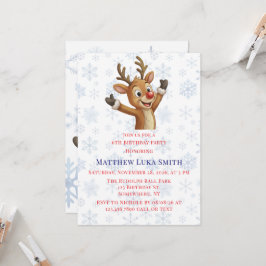 Rudolph met Blauwe Sneeuwvlokken Verjaardagsfeest Kaart