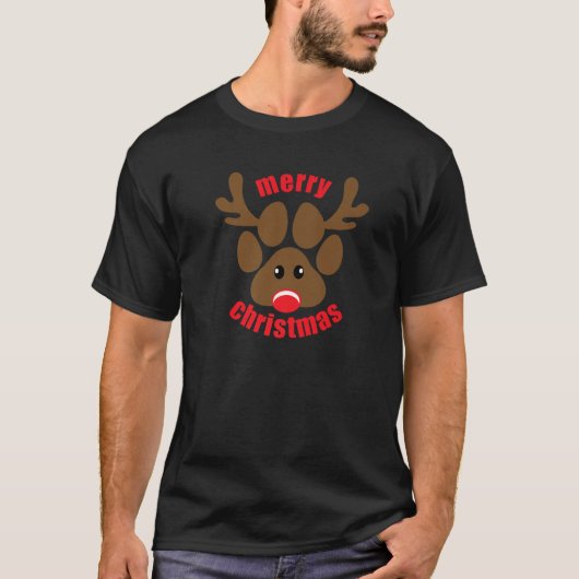 Rudolph Red Nose Reindeer Paw Print Merry Christma T-shirt (Voorkant)