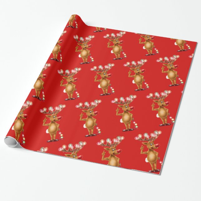 Rudolph Reindeer & kerstverlichting.Glossy gift Cadeaupapier (Uitgerold)