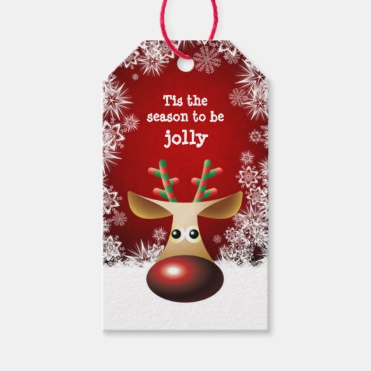 Rudolph rode neus, sneeuwvlokken Kerstmis Cadeaulabel (Voorkant)