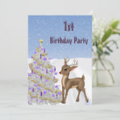 Rudolph, sneeuwvlokken & kerstboom 1e verjaardag kaart (Staand voorkant)