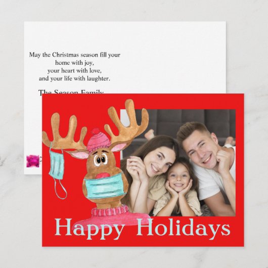 Rudolph the Face Masker Reindeer Photo Card Briefkaart (Voorkant / Achterkant)