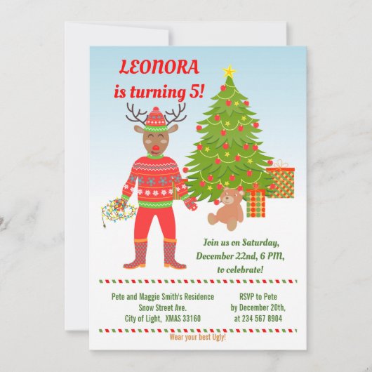 Rudolph Ugly Sweater Birthday Party Invitation Kaart (Voorkant)