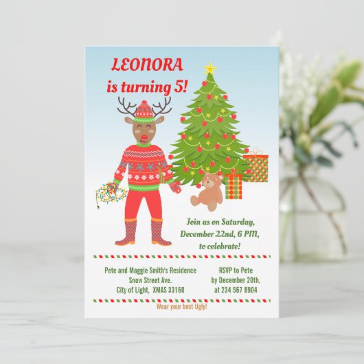 Rudolph Ugly Sweater Birthday Party Invitation Kaart (Staand voorkant)