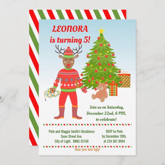 Rudolph Ugly Sweater Birthday Party Invitation Kaart (Voorkant / Achterkant)