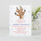 Rudolph with Blue Snowflakes Birthday Bash Kaart (Staand voorkant)