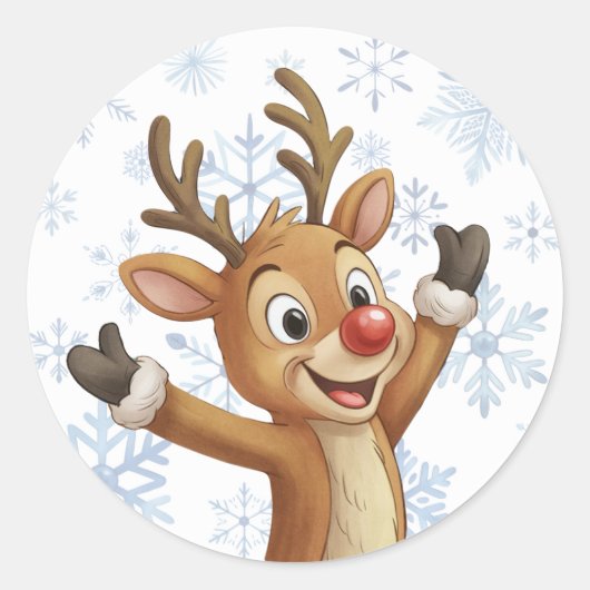 Rudolph With Blue Snowflakes Ronde Sticker (Voorkant)